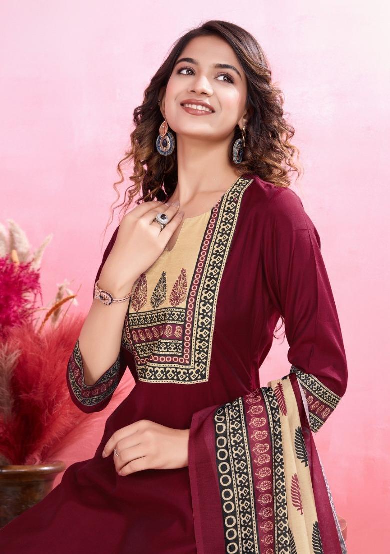 Maroon Printed Viscose Silk Salwar Kameez With Dupatta