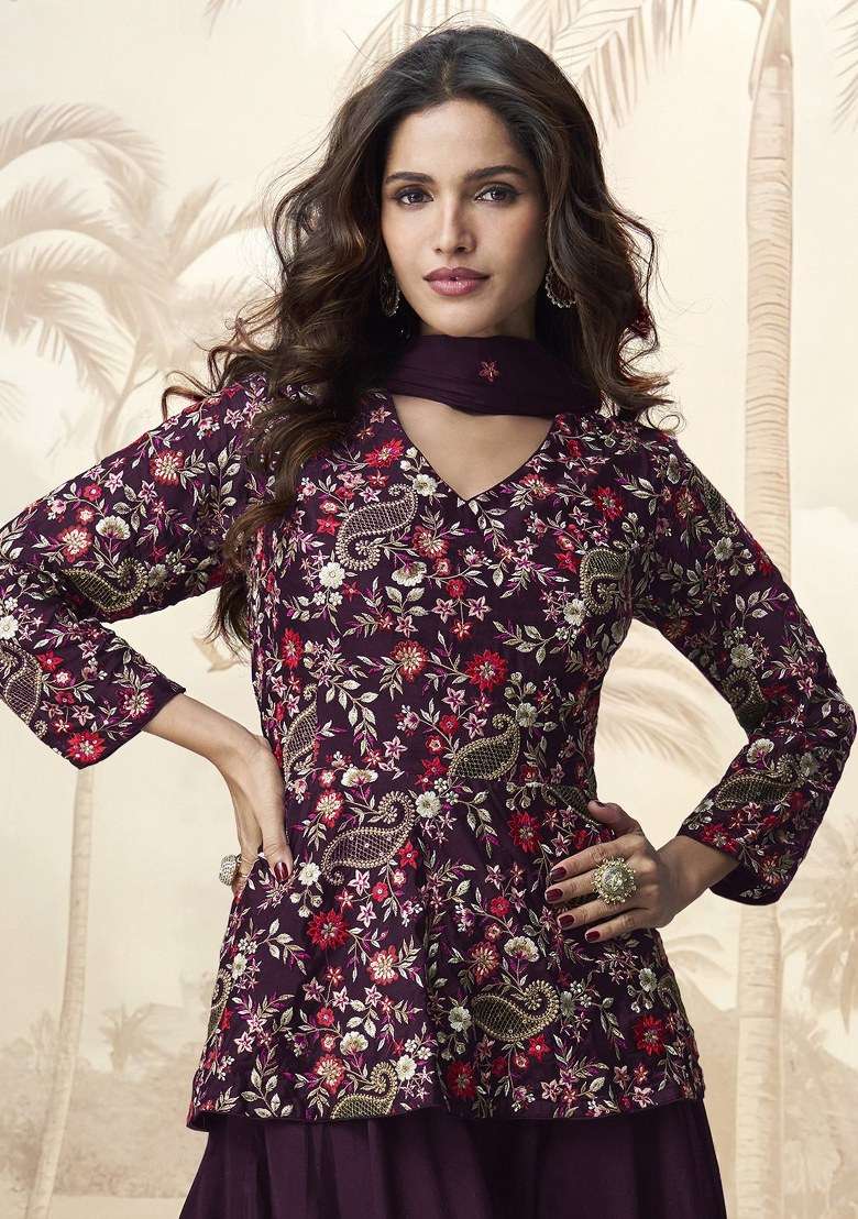 Purple Embroidered Chinnon Lehenga Set With Dupatta - Indya