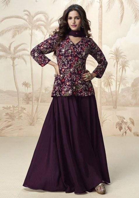 Purple Embroidered Chinnon Lehenga Set With Dupatta