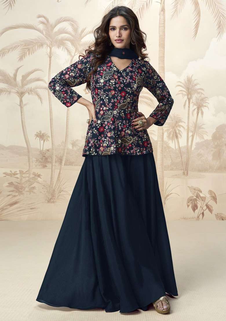 Blue Embroidered Chinnon Lehenga Set With Dupatta - Indya