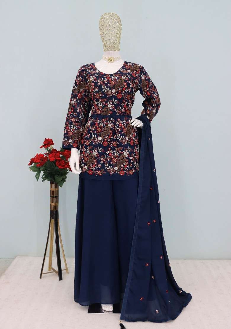 Blue Embroidered Chinnon Lehenga Set With Dupatta - Indya