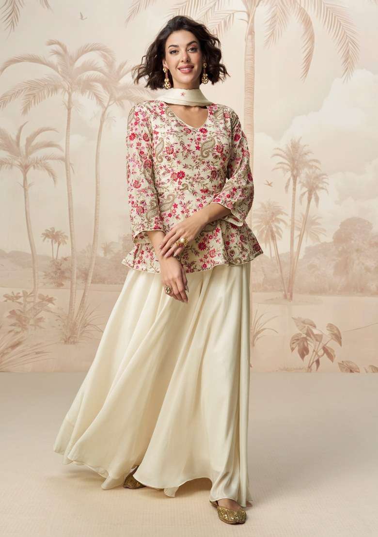 White Embroidered Chinnon Lehenga Set With Dupatta - Indya