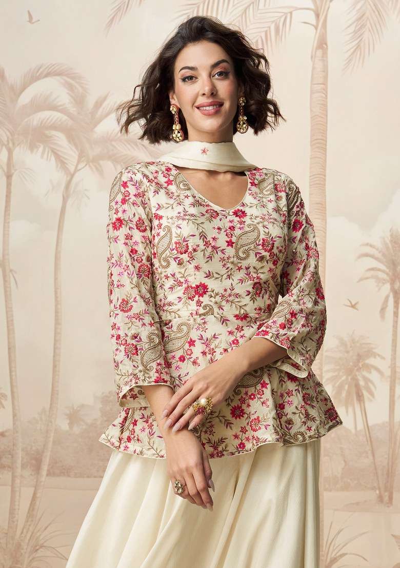 White Embroidered Chinnon Lehenga Set With Dupatta - Indya