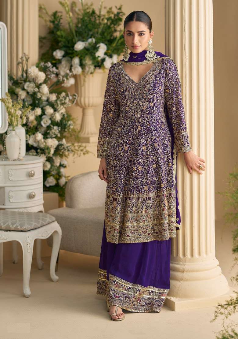 Purple Embroidered Georgette Sharara Set With Dupatta - Indya