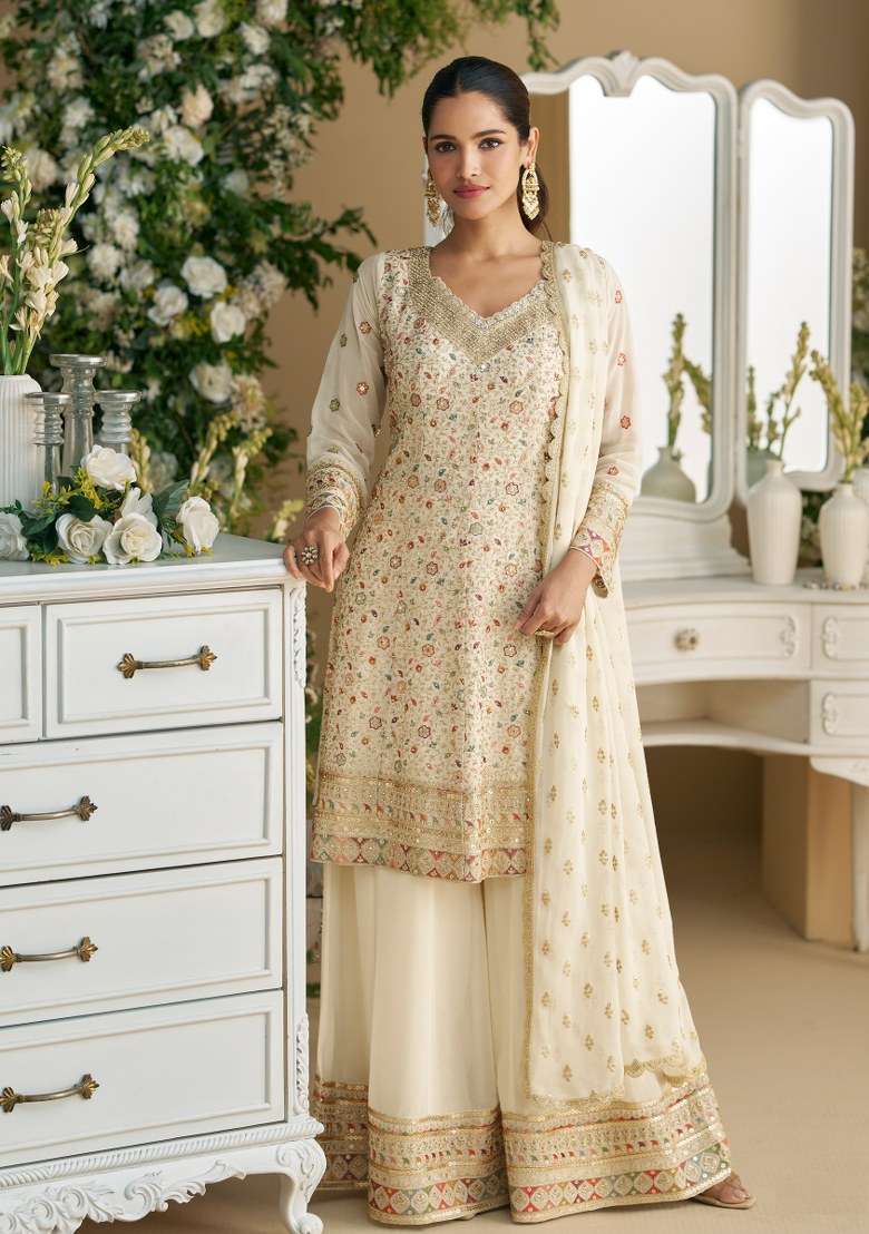 White Embroidered Georgette Sharara Set With Dupatta - Indya
