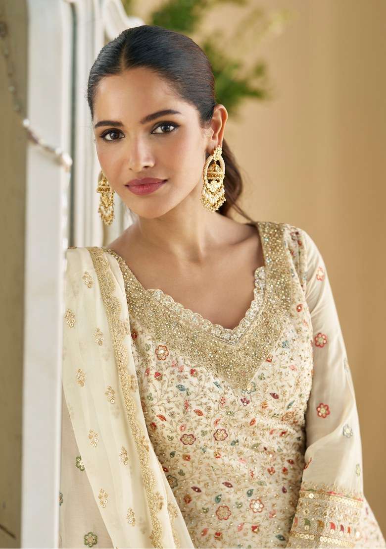 White Embroidered Georgette Sharara Set With Dupatta - Indya