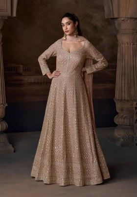 Peach Embroidered Chinnon Anarkali Set With Dupatta