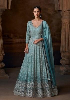 Sky Blue Embroidered Chinnon Anarkali Set With Dupatta
