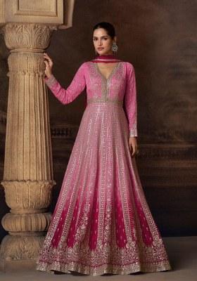 Pink Embroidered Chinnon Anarkali Set With Dupatta