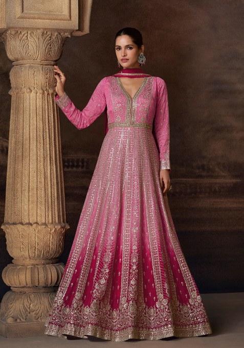 Pink Embroidered Chinnon Anarkali Set With Dupatta