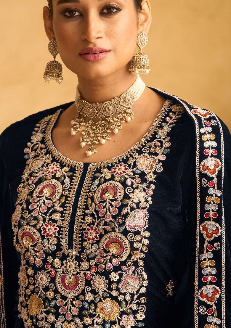 Blue Embroidered Velvet Sharara Set With Dupatta - Indya