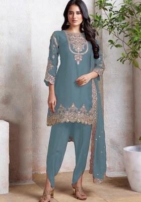 Sky Blue Embroidered Faux Georgette Sharara Set With Dupatta