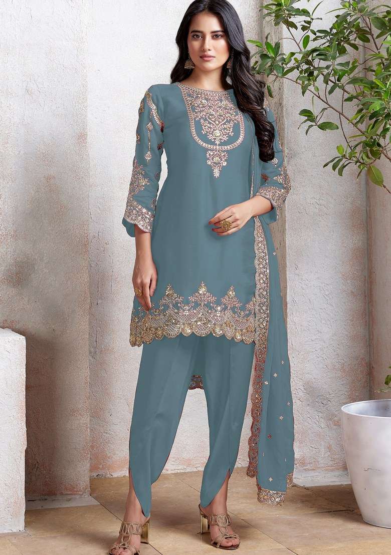 Sky Blue Embroidered Faux Georgette Sharara Set With Dupatta - Indya
