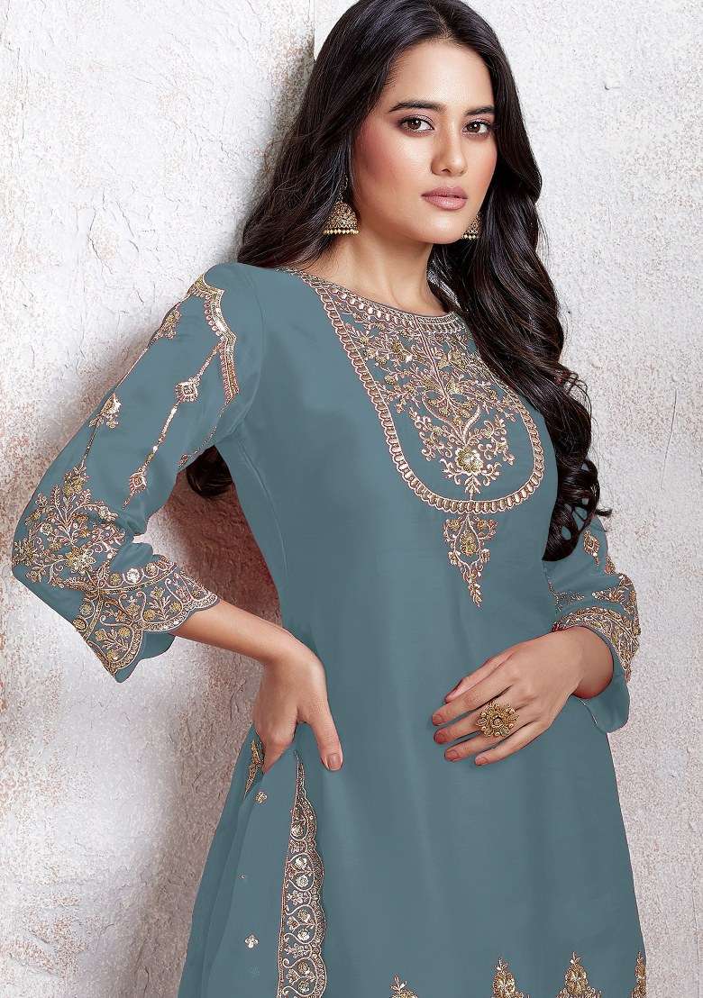 Sky Blue Embroidered Faux Georgette Sharara Set With Dupatta - Indya