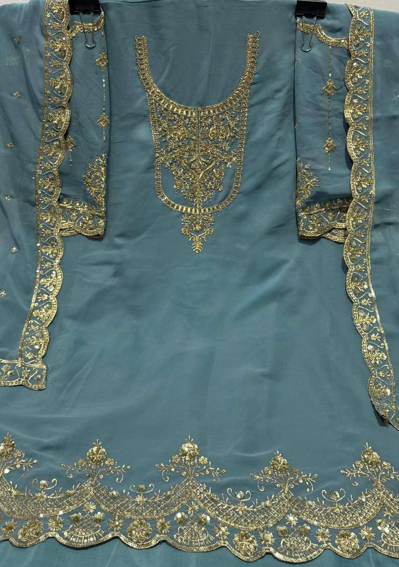 Sky Blue Embroidered Faux Georgette Sharara Set With Dupatta - Indya