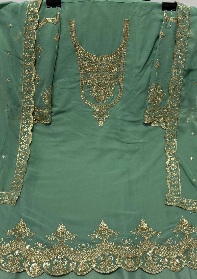 Pista Green Embroidered Faux Georgette Sharara Set With Dupatta