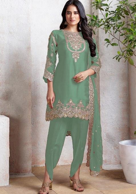 Pista Green Embroidered Faux Georgette Sharara Set With Dupatta