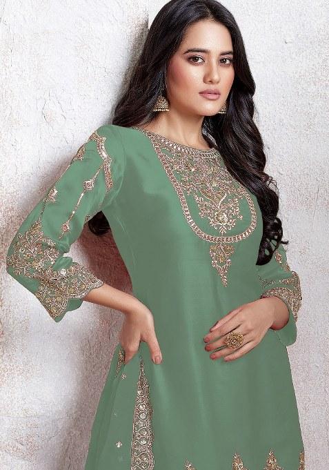 Pista Green Embroidered Faux Georgette Sharara Set With Dupatta
