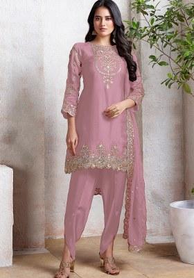 Pink Embroidered Faux Georgette Sharara Set With Dupatta