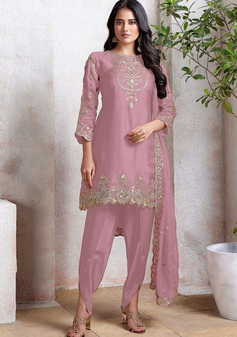 Pink Embroidered Faux Georgette Sharara Set With Dupatta - Indya