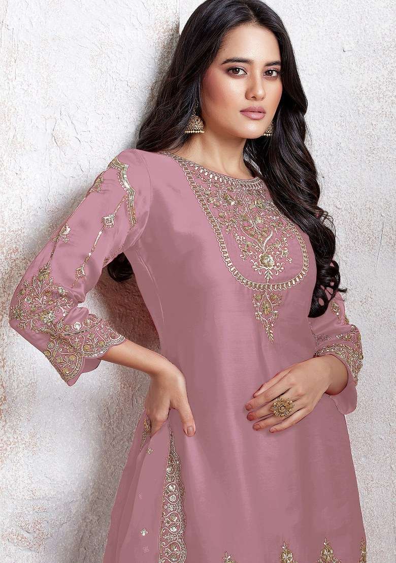 Pink Embroidered Faux Georgette Sharara Set With Dupatta - Indya