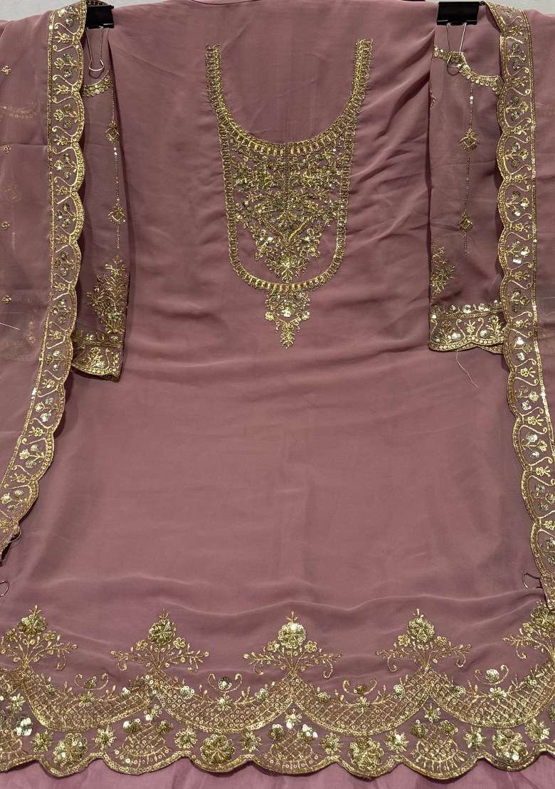 Pink Embroidered Faux Georgette Sharara Set With Dupatta - Indya
