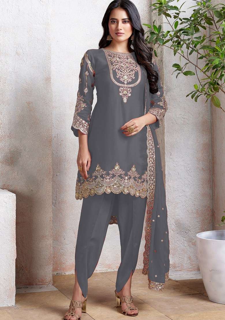 Grey Embroidered Faux Georgette Sharara Set With Dupatta - Indya