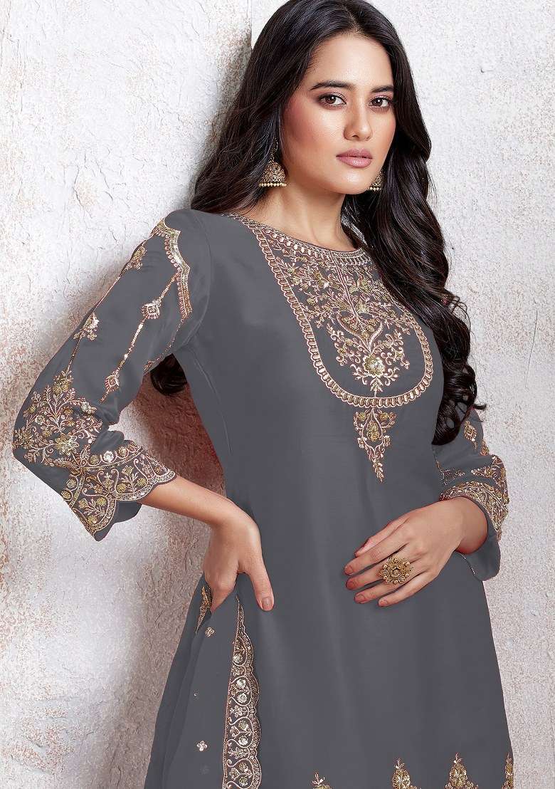 Grey Embroidered Faux Georgette Sharara Set With Dupatta - Indya