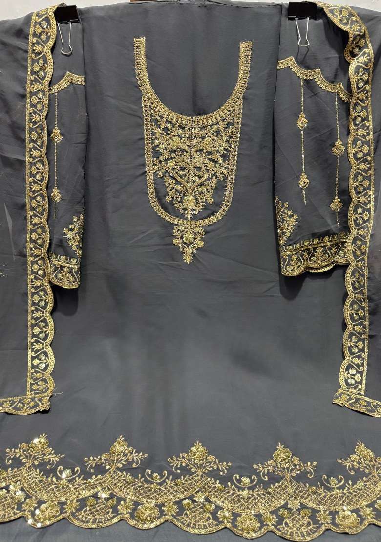 Grey Embroidered Faux Georgette Sharara Set With Dupatta - Indya