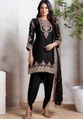 Black Embroidered Faux Georgette Sharara Set With Dupatta