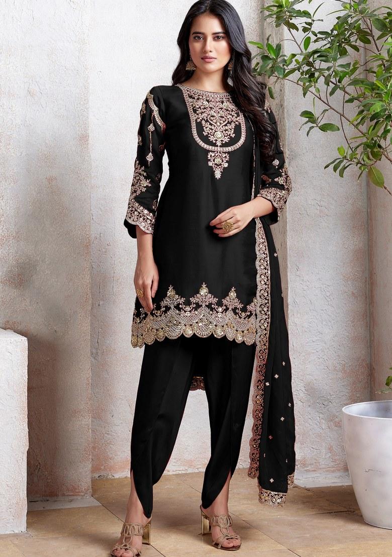 Black Embroidered Faux Georgette Sharara Set With Dupatta