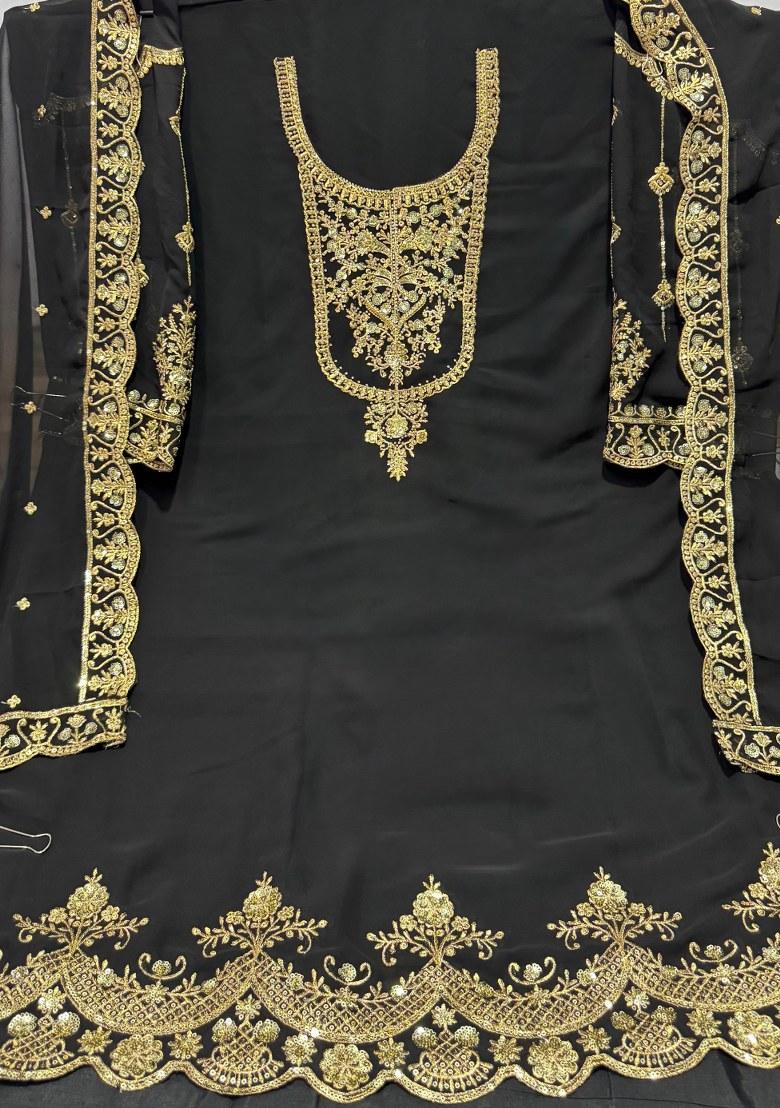 Black Embroidered Faux Georgette Sharara Set With Dupatta