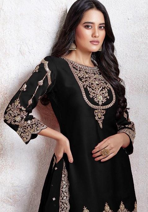 Black Embroidered Faux Georgette Sharara Set With Dupatta