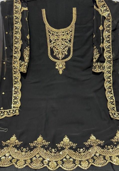 Black Embroidered Faux Georgette Sharara Set With Dupatta