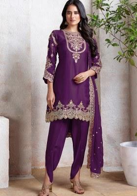 Purple Embroidered Faux Georgette Sharara Set With Dupatta