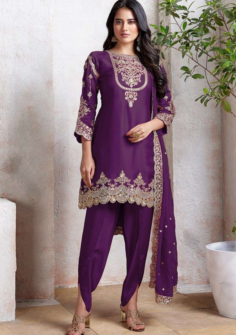 Purple Embroidered Faux Georgette Sharara Set With Dupatta - Indya