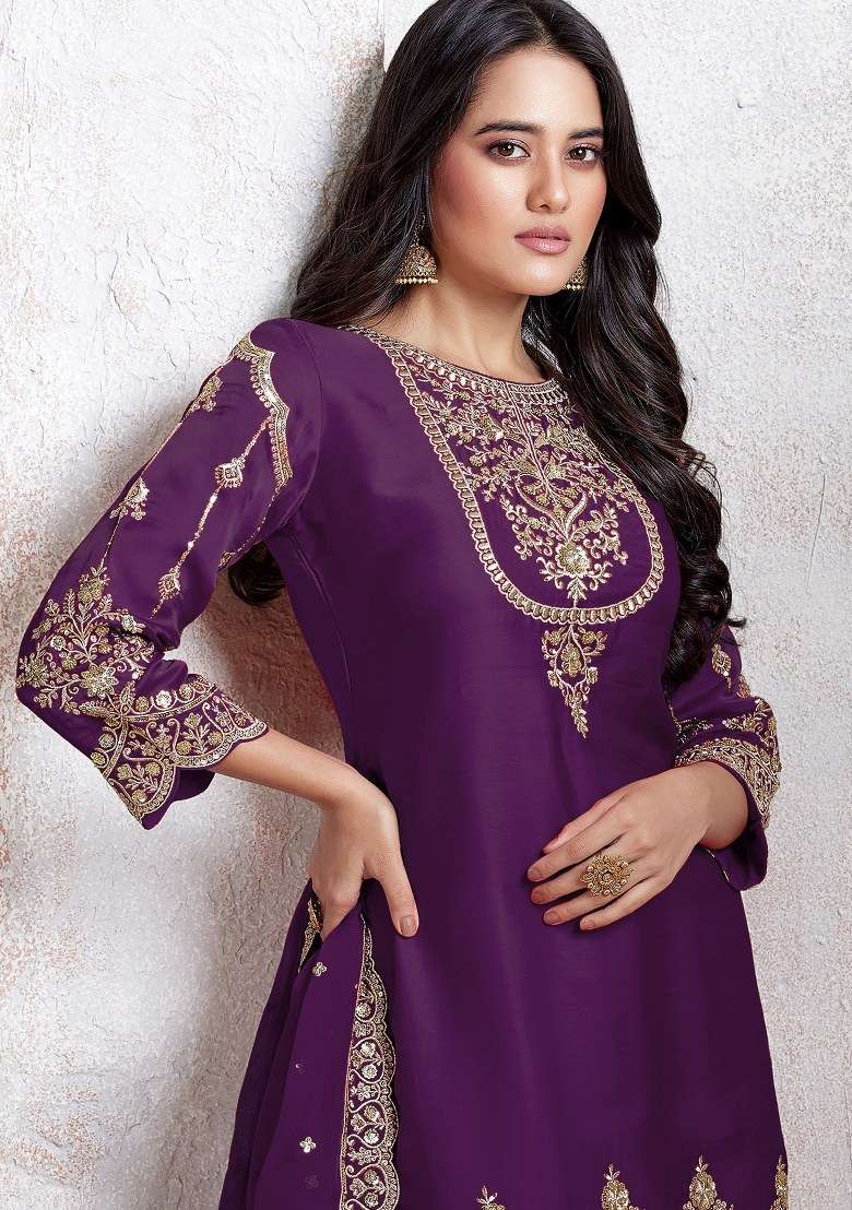 Purple Embroidered Faux Georgette Sharara Set With Dupatta - Indya