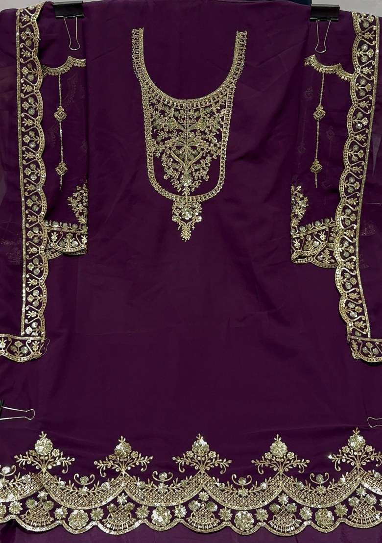 Purple Embroidered Faux Georgette Sharara Set With Dupatta - Indya