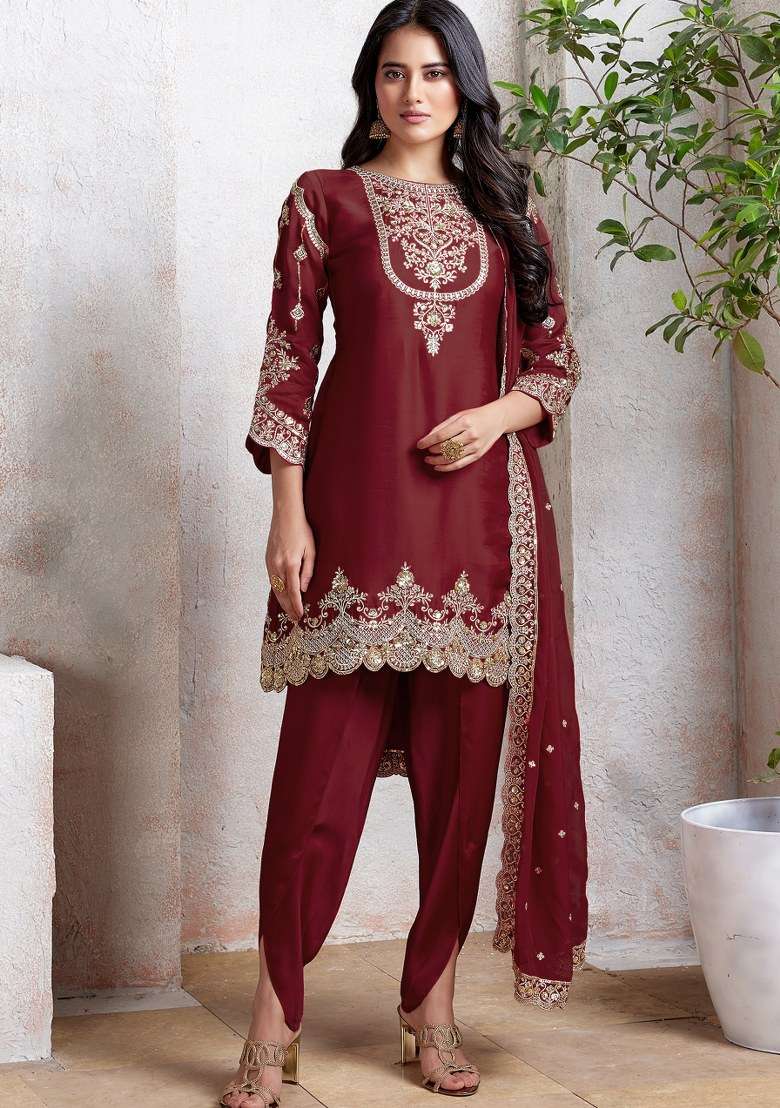 Maroon Embroidered Faux Georgette Sharara Set With Dupatta - Indya