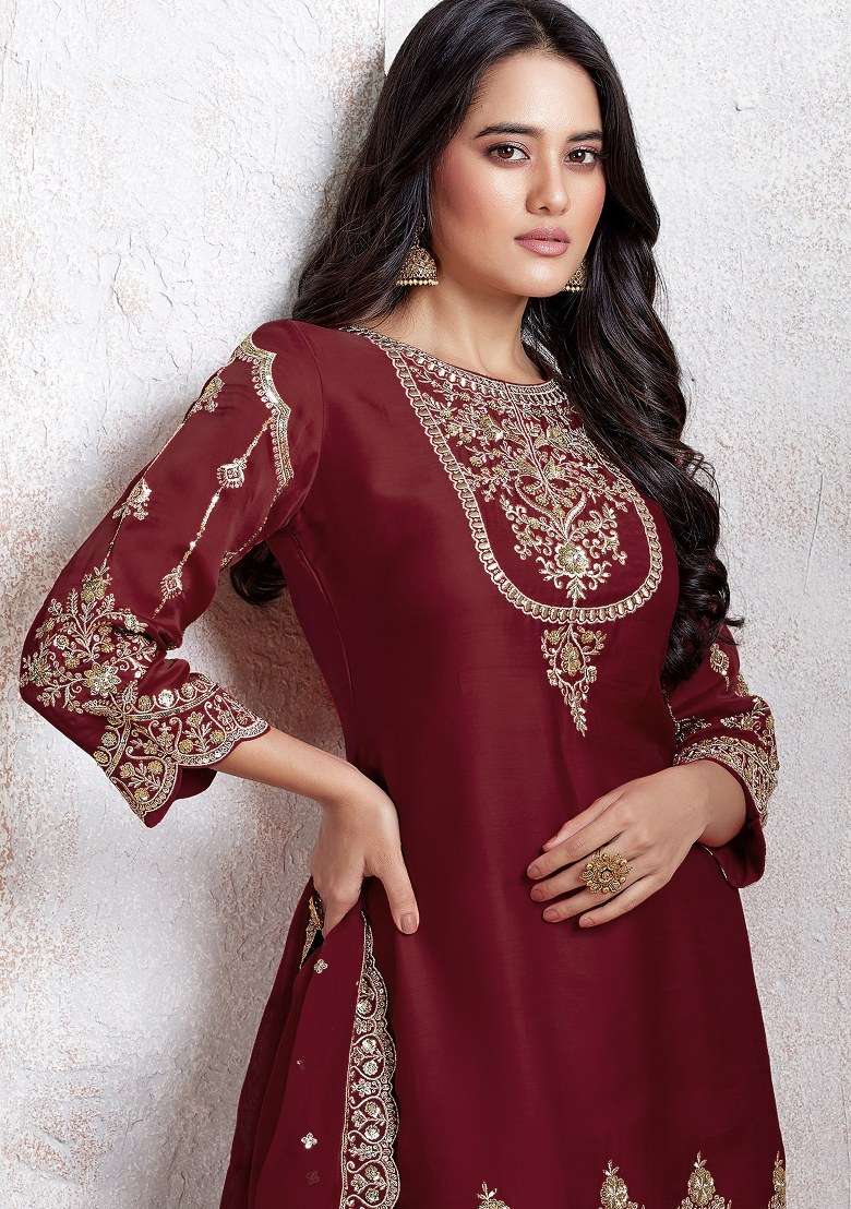 Maroon Embroidered Faux Georgette Sharara Set With Dupatta - Indya