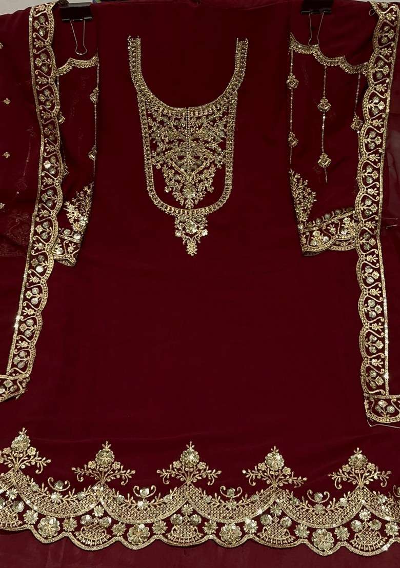 Maroon Embroidered Faux Georgette Sharara Set With Dupatta - Indya