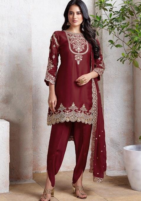 Maroon Embroidered Faux Georgette Sharara Set With Dupatta