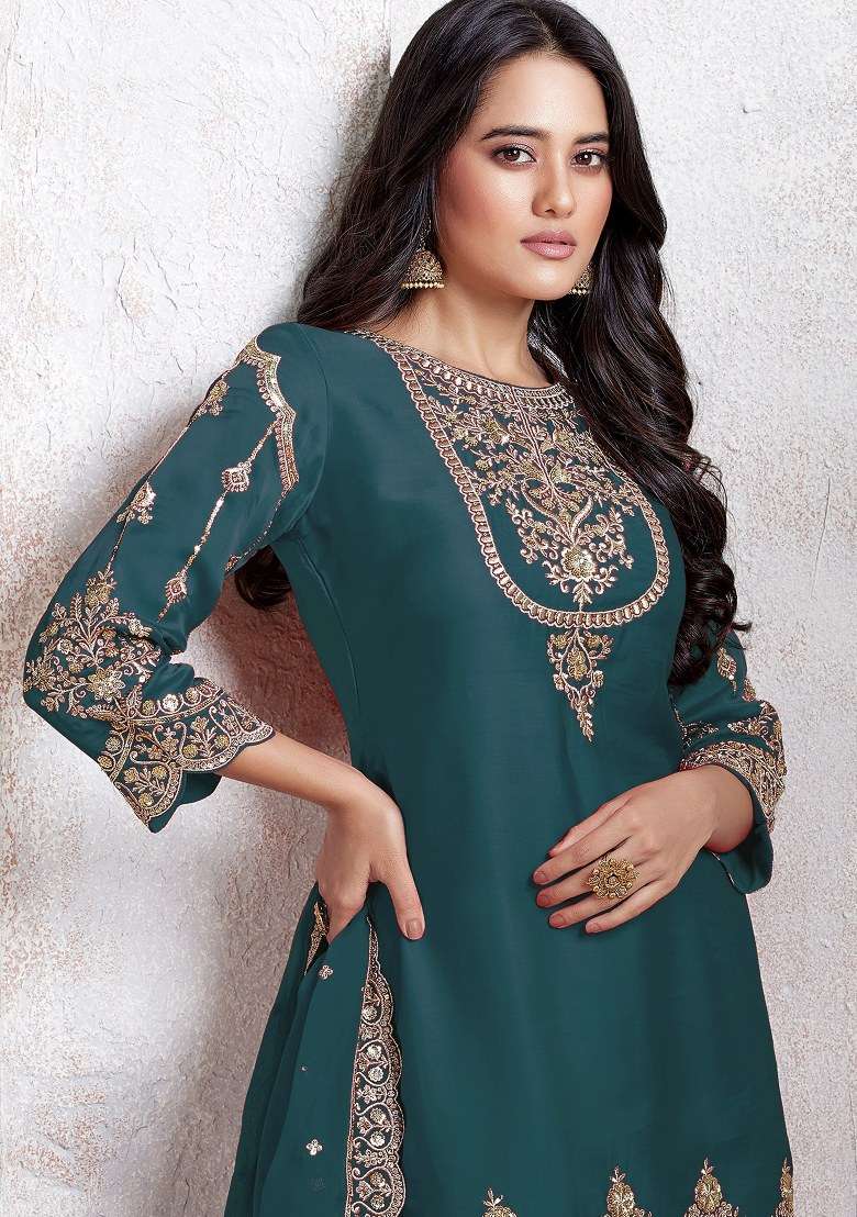 Aqua Blue Embroidered Faux Georgette Sharara Set With Dupatta - Indya
