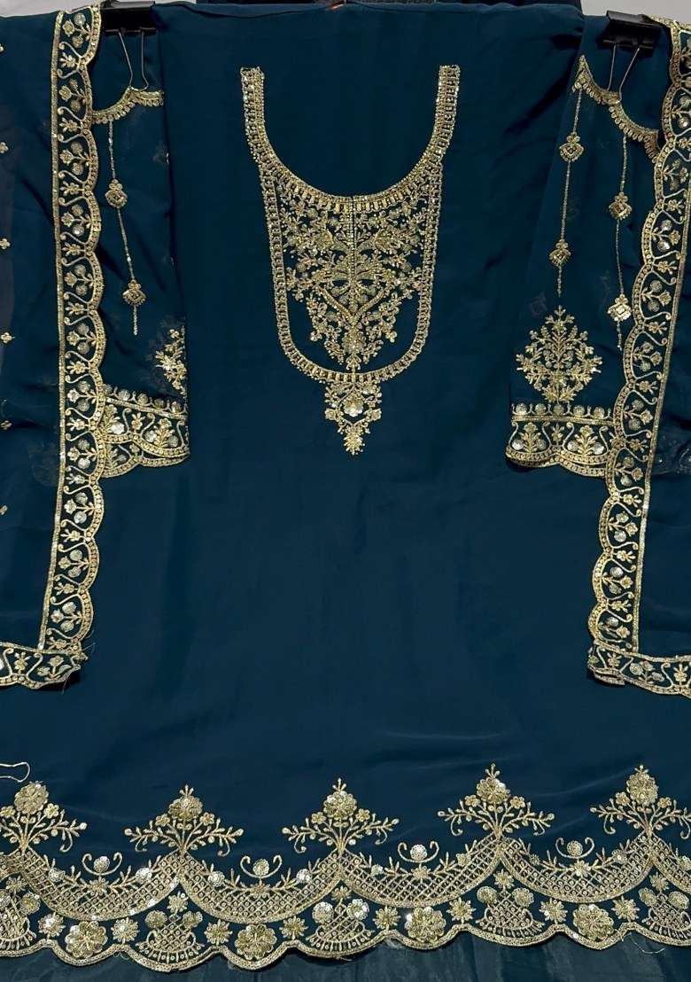 Aqua Blue Embroidered Faux Georgette Sharara Set With Dupatta - Indya