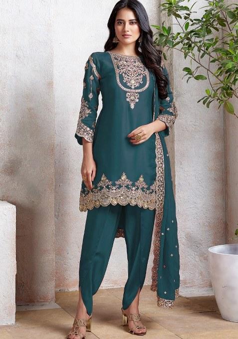 Aqua Blue Embroidered Faux Georgette Sharara Set With Dupatta