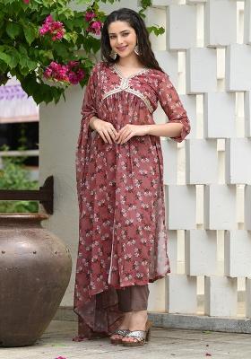 Brown Printed Georgette Salwar Kameez With Dupatta