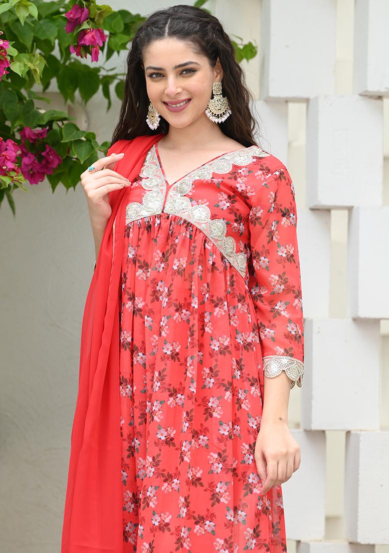 Peach Printed Georgette Salwar Kameez With Dupatta