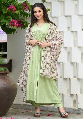 Pista Green Printed Rayon Salwar Kameez With Dupatta