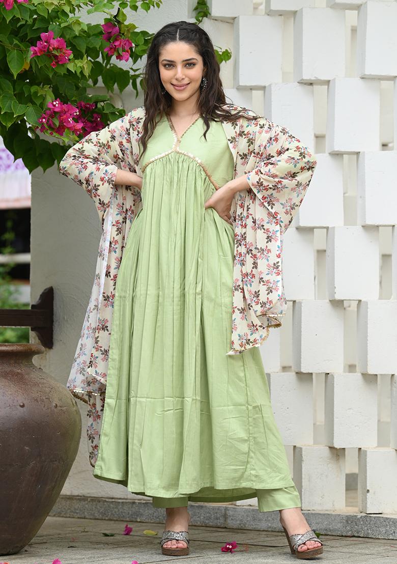Pista Green Printed Rayon Salwar Kameez With Dupatta