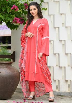 Coral Peach Printed Rayon Salwar Kameez With Dupatta